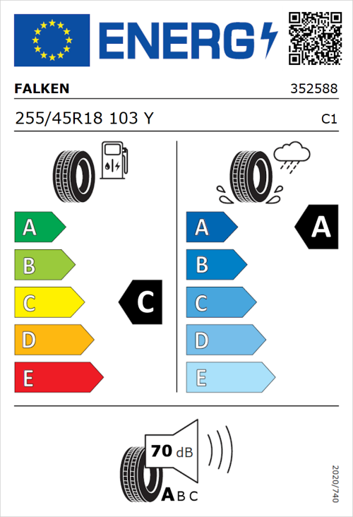 Tyre Label for Falken Azenis FK520 255/45R18 103Y