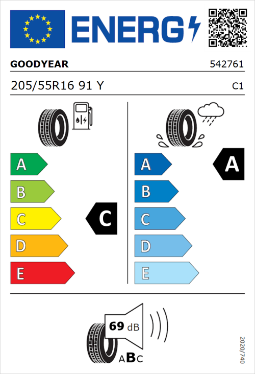 Tyre Label for Goodyear EfficientGrip Performance 2 205/55R16 91Y