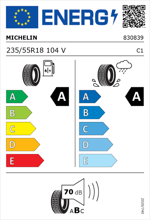 Tyre Label for Michelin e.primacy 235/55R18 104V