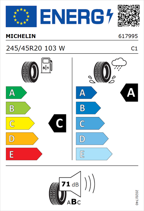Tyre Label for Michelin Primacy 4+ 245/45R20 103W