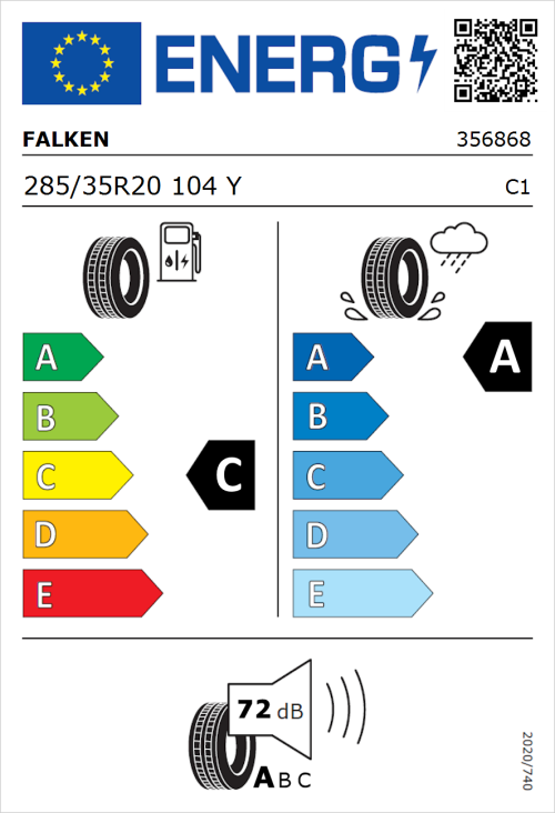 Tyre Label for Falken Azenis RS820 285/35R20 104Y