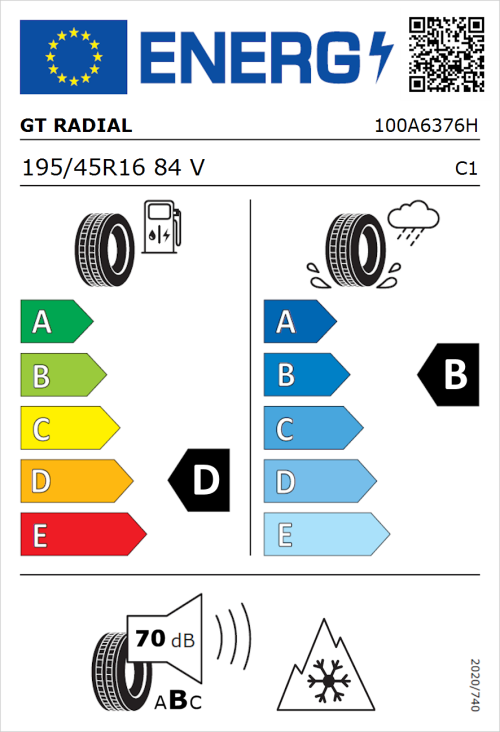 Tyre Label for GT Radial Climate Active 195/45R16 84V