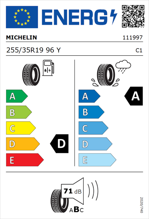 Tyre Label for Michelin Pilot Sport 3 255/35R19 96Y